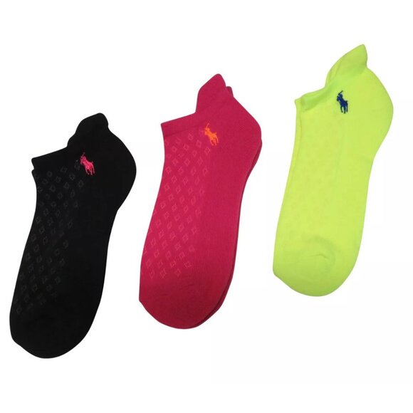 Polo Ralph Lauren Womens Heel Tab Low Cut Socks Pink Black Neon Yellow 3 pk NWOT - Picture 2 of 3